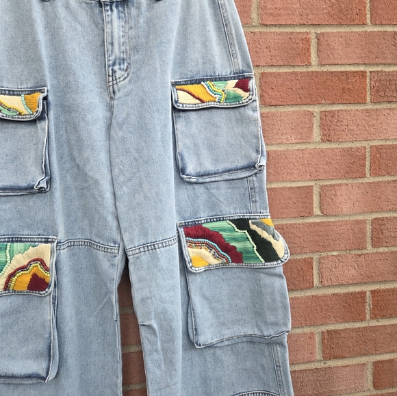 Beaded Pockets Cargo Wide Leg Jeans Light Wash Y2K Waist 30 - Picture 8 of 8